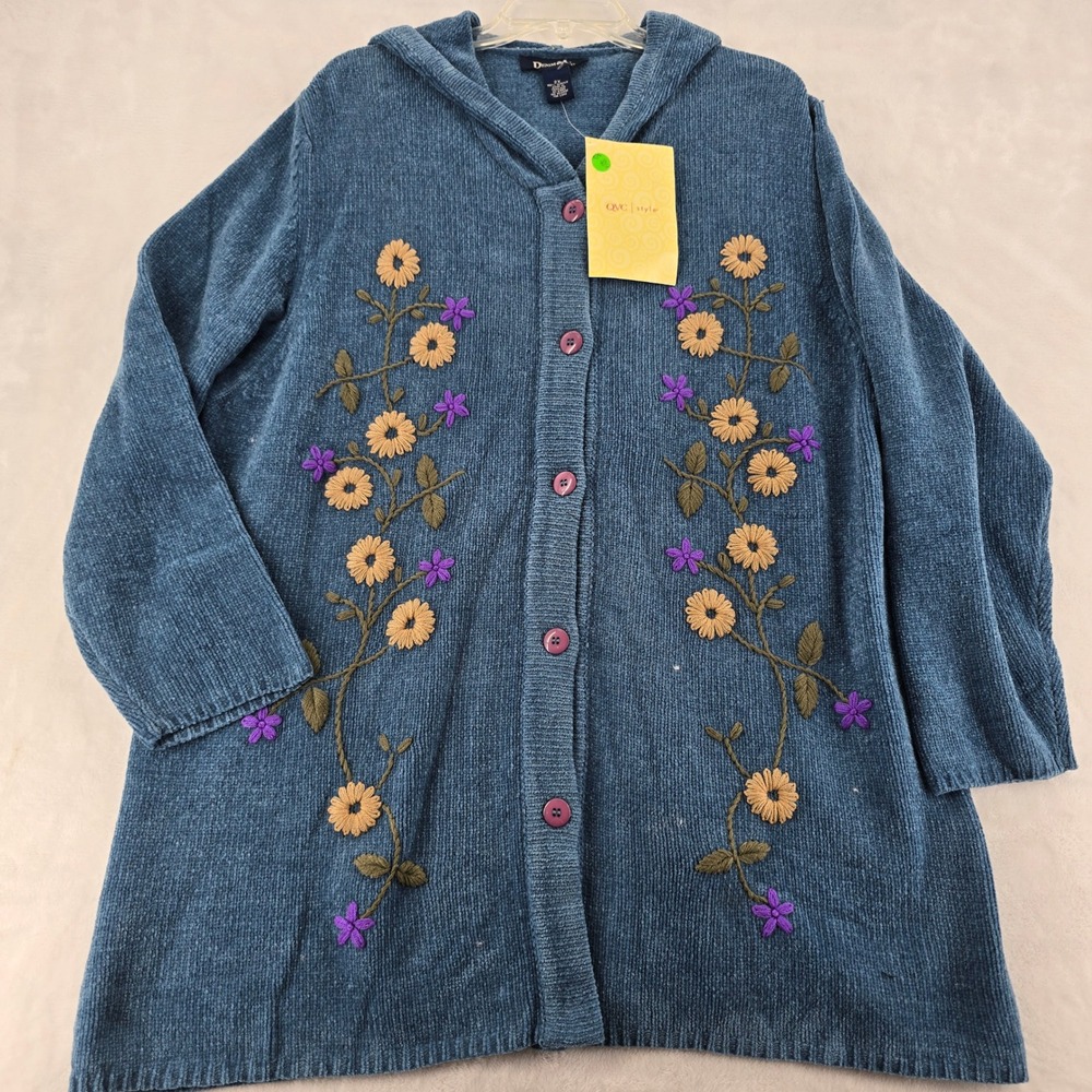 Denim & Co Womens Cardigan 2X Blue Floral Embroidered Hooded NWT
